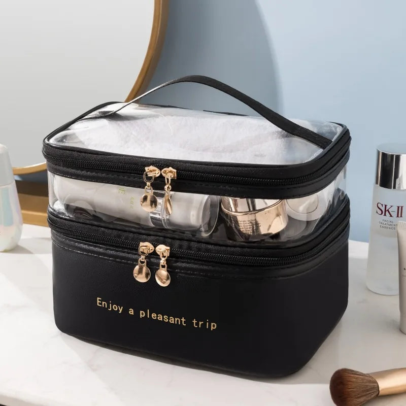 black Double zip clear makeup bag