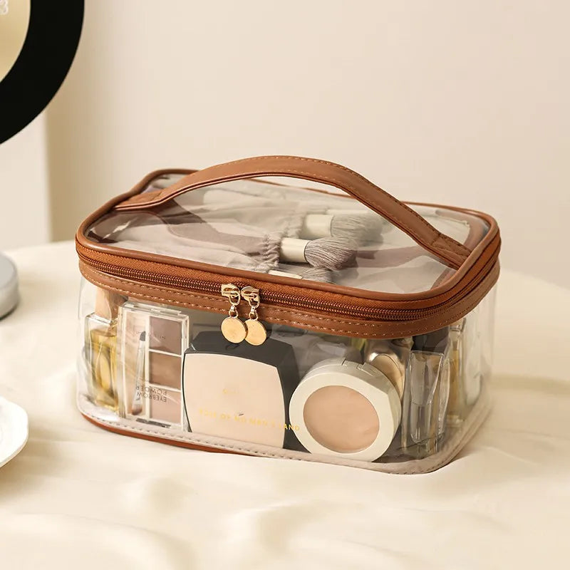 brown Dual compartment clear cosmetic bag