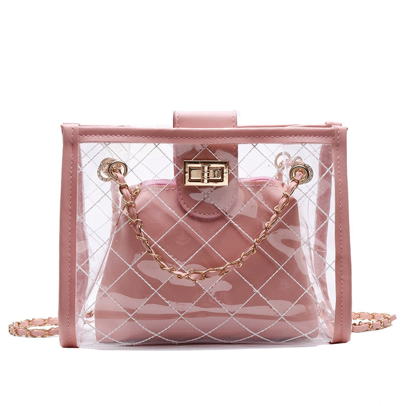 Pink Clear and Leather Tote Bag