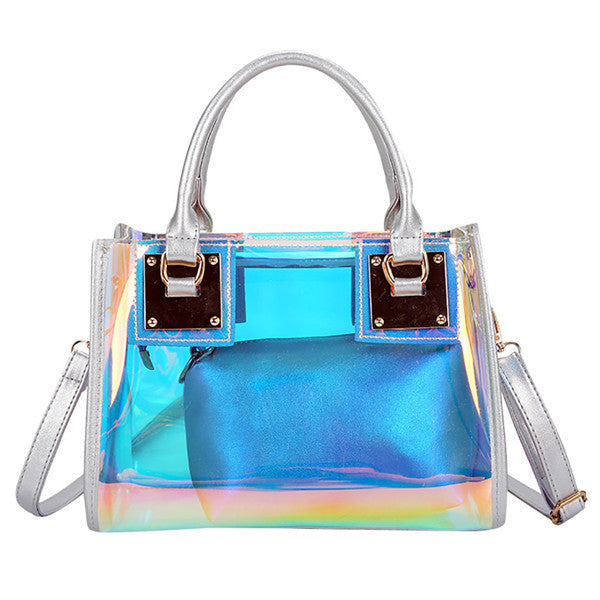 Queena Shiny Holographic Handbag 2 in 1 Tote Purse Hologram Rainbow  Shoulder Bag Silver : Amazon.in: Shoes & Handbags