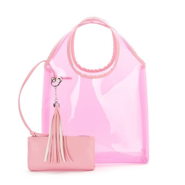 CLEAR TOTE Vinyl Plastic PVC Bag Shopper Transparent Large Magenta ROSE  PINK